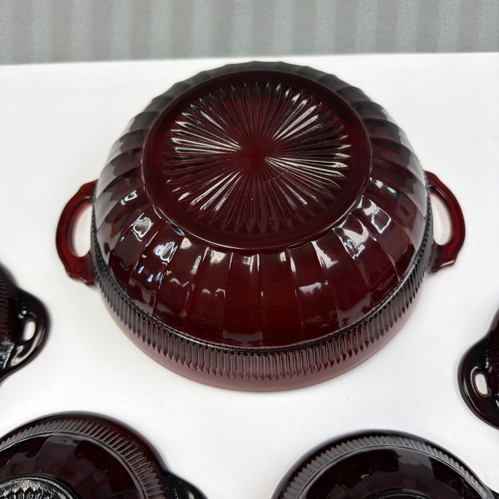 Anchor hocking 5 RUBY RED DEPRESSION GLASS Berry BOWLS W/HANDLES 1 Salad Bowl - Picture 8 of 12